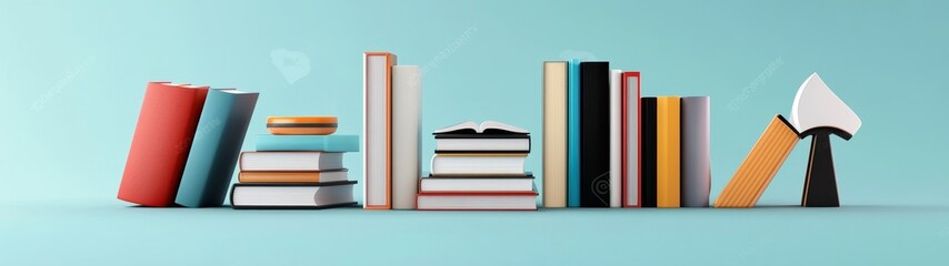 Fototapeta premium Colorful Collection of Books and Modern Decor on Teal Background