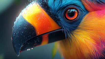A vibrant toucan's eye, gleaming with life, captures the rainforest's humid beauty in a close-up shot showcasing vivid colors and water droplets.