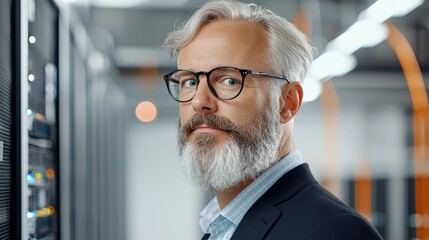 Professional man in a server room with glasses and beard.