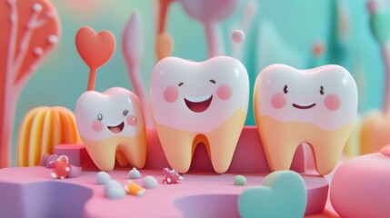 A playful scene featuring cute, smiling cartoon teeth on a colorful background, promoting dental health with a whimsical aesthetic.