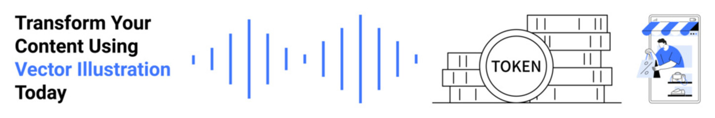 Token stacks with sound waves and a digital storefront emphasize cryptocurrency, e-commerce, and tech innovation. Ideal for blockchain, NFT, digital marketing, tech, fintech, content creation flat