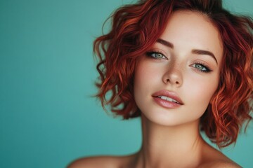 Naklejka premium Beautiful Woman with burgundy balayage , hair coloring technique. Beauty model girl with short soft wavy hair . curly hairstyle dye .Fashion, cosmetics and makeup