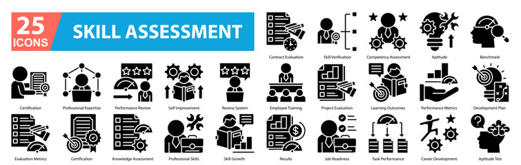 Skill Assesment Glyph Icon Sheet contract evaluation, employee training, results, skill verification, competency assessment, aptitude, benchmark, certification, professional expertise, performance rev