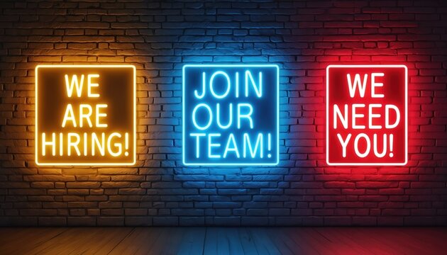 Three neon signs on brick wall announce job opportunity We Are Hiring, Join Our Team, We Need You. Bright advertisement for human resources, employment agencies, companies recruitment programs.