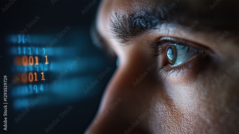 Poster close-up of a human eye focused on digital data stream with binary code reflection in dark environme