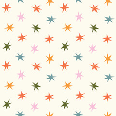 Seamless star pattern featuring hand drawn, a playful and modern geometric design ideal for textiles, wallpapers, and stationery.
