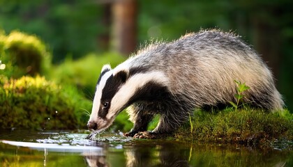 Obraz premium European Badger Drinking by Forest Lake at Twilight, Majestic Meles meles in Serene Woodland Setting, Capturing Tranquility and Wilderness at Dusk
