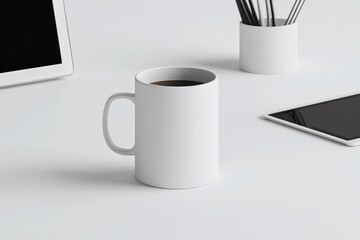 Minimalist workspace featuring blank mug, tablet, and pencil hol