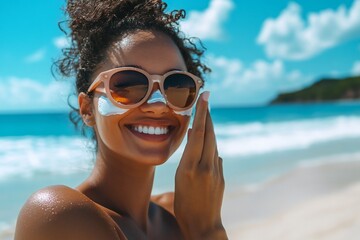 Smiling woman applying sunblock on a sunny beach in Brazil during her vacation