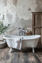 A serene bathroom scene featuring a vintage bathtub, wooden flooring, and natural elements, evoking a relaxing atmosphere.