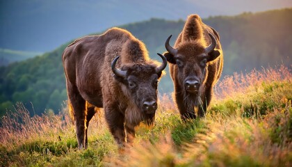 European Bison Wisent in Wintery Carpathians Majestic Wildlife against SnowCapped Mountains of...