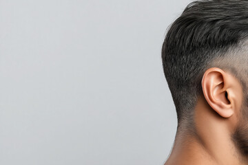 Close up photo of man's ear on grey background with space for text. World Hearing Day concept