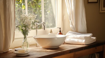 Fototapeta premium A serene bathroom scene featuring a stylish bowl sink, fresh flowers, and neatly stacked towels by a bright window.