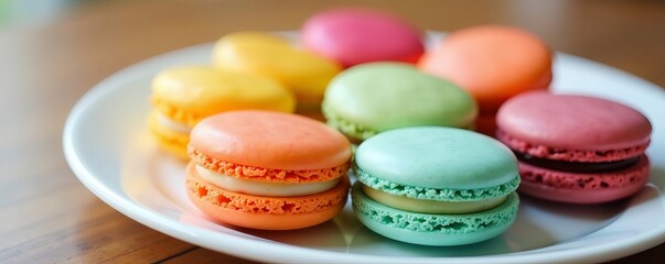 Close-up of assorted colorful macarons on a white plate, colorful, macarons