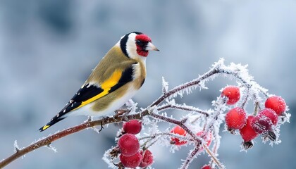 European Goldfinch Perched on Frozen Red Rose Hips Vibrant and Regal Beauty Amidst Winters Bite, Natures Contrast Showcased in a Striking Scene.