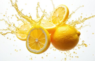 Macro lemons collection with splashing juice on white backdrop. Selective focus. Vibrant citrus fruits explosion, refreshment concept. Yellow color palette, vitamin C source and health boost.