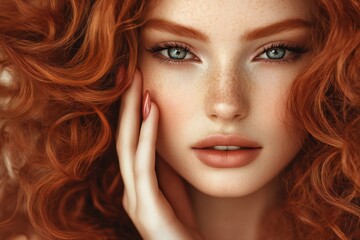 Fototapeta premium Beautiful model girl with curly red hair . Magenta color manicure on nails