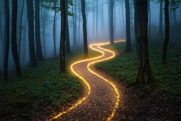 Fototapeta premium Winding path through misty forest nature journey enchanted environment glowing trail sustainability concept