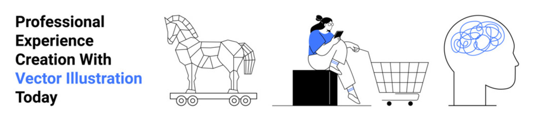 Trojan horse on wheels, woman shopping with a cart while using a mobile device, and abstract brain. Ideal for tech, innovation, e-commerce, education, creativity, psychology flat landing page banner