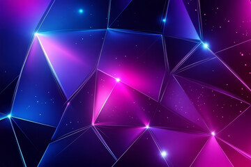 Cyberpunk-inspired abstract tech background with luminous geometric shapes, deep blue and magenta lighting, futuristic 3D elements, ultra-HD, sci-fi technology concept.
