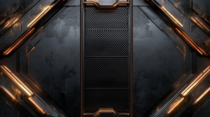 Dark metallic grid door, orange accents, sci-fi background, game design