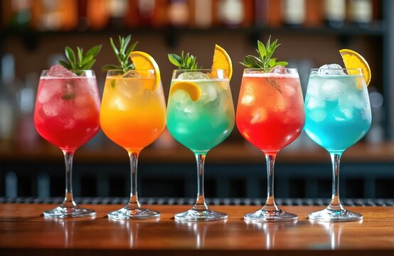 Five colorful gin tonic cocktails stand on bar counter. Alcoholic drinks in wine glasses. Refreshing beverage, orange slices, ice cubes, mint leaves. Nightlife, party, summer mood. Modern bar - Powered by Adobe