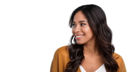 A beautiful woman smiling and looking to the left sideways