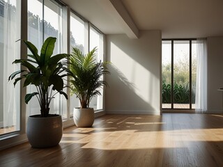 "Modern Minimalist Living Room - Cozy Interior with Green Plants"