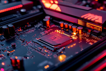 Fototapeta premium Futuristic motherboard close-up with neon-lit circuits, high-tech digital elements, cyberpunk-inspired design, ultra-HD, high-resolution photorealistic detail.