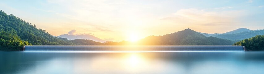 Fototapeta premium Serene Landscape with River, Dam, and Majestic Sunrise Over Mountains