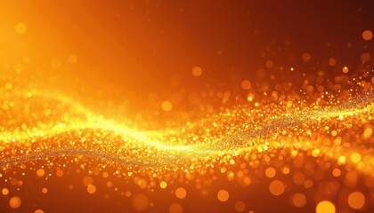 Vibrant orange backdrop with luminous golden dots bokeh. Sparkling wave design, digital fiber optic cable concept. Futuristic glowing tech motion graphic element with smooth stream effect. Light