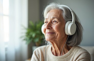 Elderly woman enjoys music with headphones. Active ageing concept. Senior lady relaxing at home. Mature pensioner listens to song. Positive emotion. White earphones. Grey hair. Casual attire. Indoor