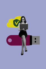 Poster photo vertical collage of happy freelancer businesswoman sit flash drive spyware stealing information surf laptop
