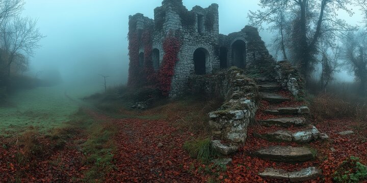 Abandoned Castle Ruins in a Foggy Forest Against Transparent Background for Fantasy Art, Haunted Themes, or Medieval Design Projects - Powered by Adobe