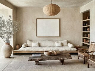 A living room with a white couch, a coffee table, and a lamp. A vase is on the table