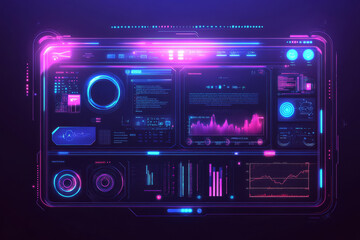 High-tech abstract background with floating transparent interface panels, holographic displays, glowing elements, and futuristic UI/UX data grids. Sci-fi technology theme, neon blue, and magenta
