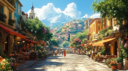 Fototapeta premium Sunny Italian town street, people strolling