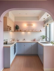 A Modern Kitchen Interior with Pastel Blue Cabinetry and Countertop