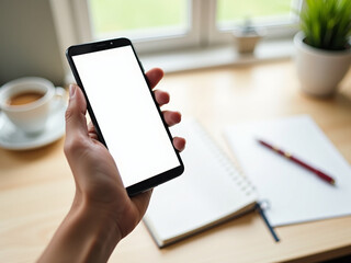 Hand Holding Smartphone with Blank White Screen on Office Desk