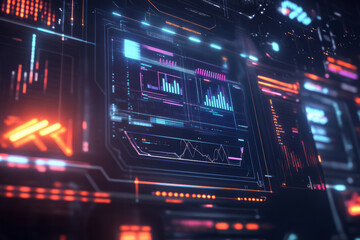 Obraz premium Futuristic floating holographic data panels displaying glowing charts, cyber UI elements, and high-tech digital grids. The sci-fi-inspired abstract background includes neon reflections, AI-driven