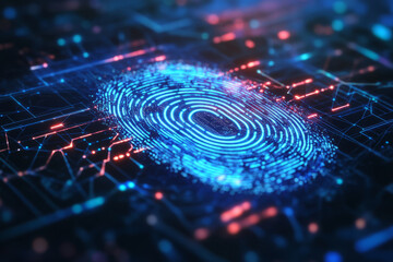 A glowing digital fingerprint composed of luminous cybernetic circuits, abstract data trails, and high-tech holographic elements. The futuristic technology background represents AI security, biometric