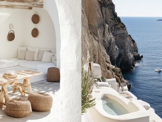 A white house with a pool and a patio. The pool is surrounded by a white wall. The patio has a table and chairs