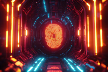 A glowing futuristic fingerprint scanner, featuring intricate cybernetic circuits, holographic security symbols, and pulsating digital energy waves. The high-tech abstract background represents