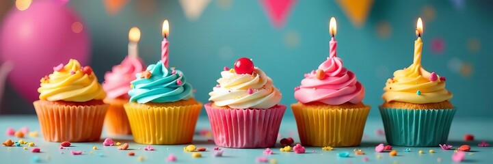 Colorful cupcakes and decorations at a festive birthday party, celebration, cupcakes