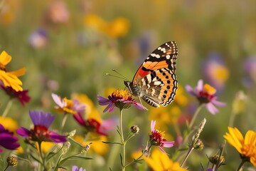 Obraz premium A painted lady butterfly rests on a field of colorful wildflowers, its patterned wings blending with the vibrant petals.