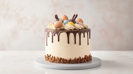 Festive Chocolate Drip Cake with Easter Decorations and Treats