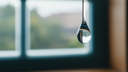 A single water droplet hangs from a spoon, reflecting the blurred outdoor scenery through a window.