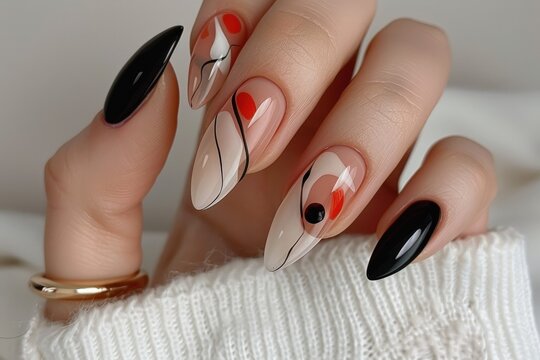 A hand with stylishly painted nails featuring a mix of black, nude, and red designs, showcasing modern nail art trends.