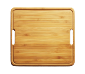 Top view of an empty wooden cutting board with a handle isolate on transparent background
