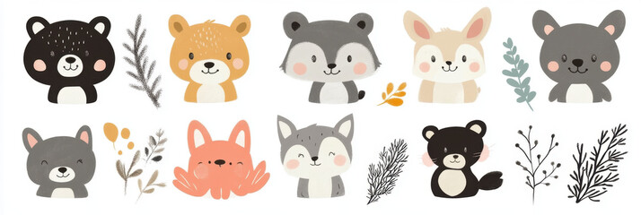 Cute cartoon animals in colorful sticker set featuring bear, fox, raccoon, and more, surrounded by playful foliage. Perfect for children decor and crafts